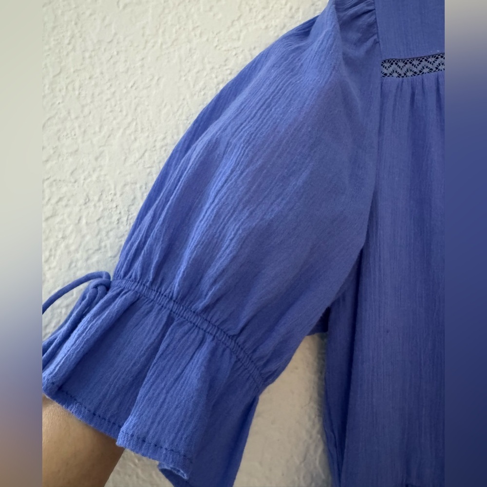 Blue Tiered Midi Dress Boho Cottagecore Button Front Puff Sleeve NWOT Small/Med - Picture 11 of 12